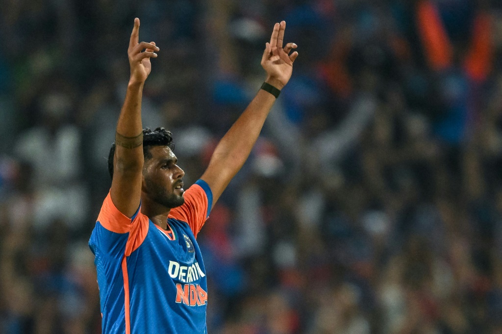 India's Harshit Rana celebrates taking the wicket of England's Jacob Bethell, AFP