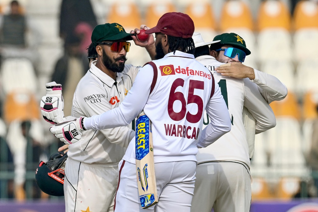 Pakistan spinner Sajid Khan took five wickets in the second innings as the home side beat West Indies by 127 runs on the third day of the first cricket Test in Multan, AFP