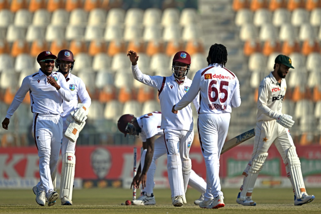 West Indies' players celebrate the dismissal of Pakistan's Kashif Ali, AFP