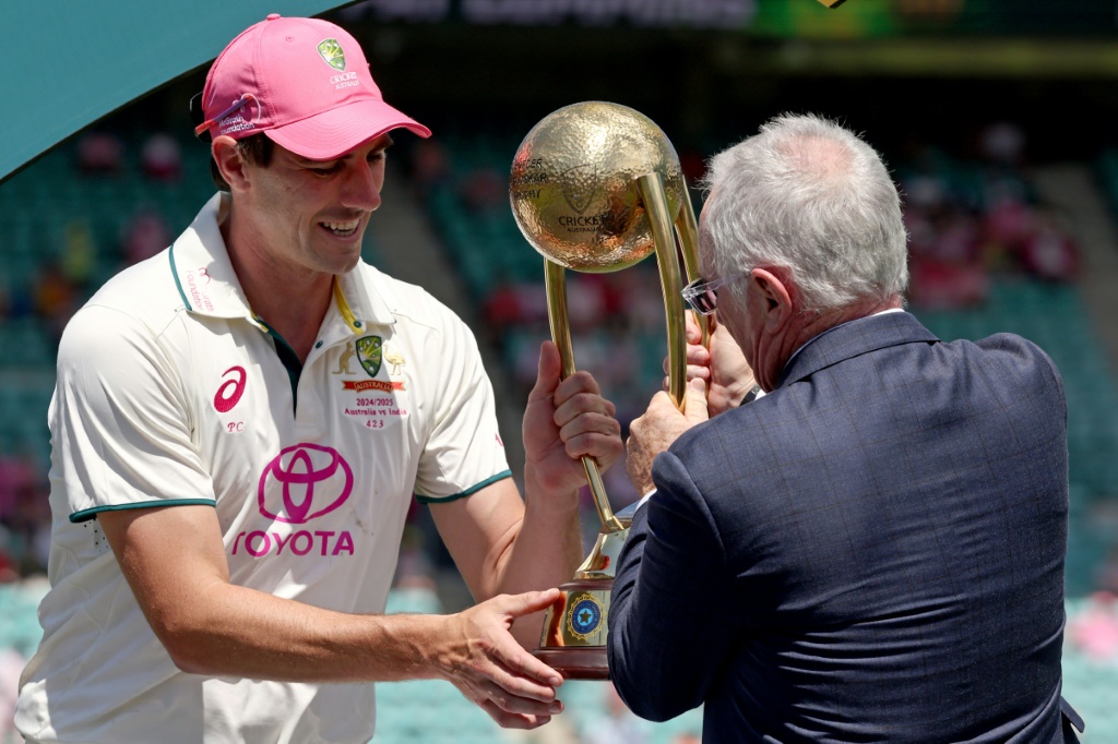 Pat Cummins receives the Border-Gavaskar Trophy, AFP