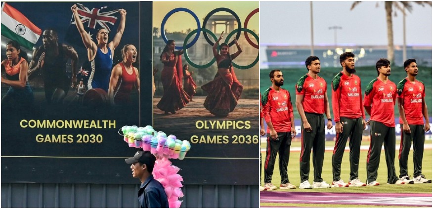 A cotton candy seller walks past a billboard featuring potential sporting events in the Indian city of Ahmedabad, which will host the 2030 Commonwealth Games and has ambitions to host the 2036 Olympics