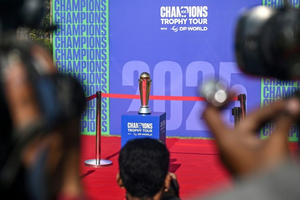 The ICC Champions Trophy on display at the National Stadium in Karachi