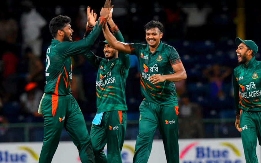 Taskin Ahmed and his teammates celebrate a West Indies dismissal, CWI