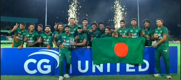 Bangladesh team celebrate with trophy