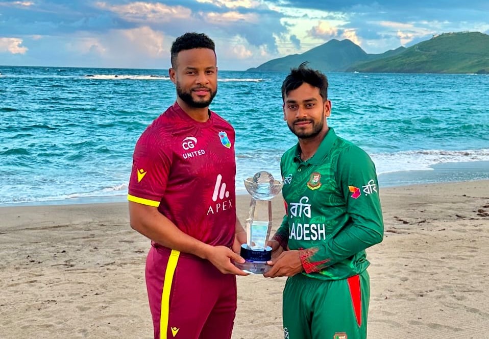 Shai Hope and Mehidy Hasan Miraz with ODI trophy, BCB