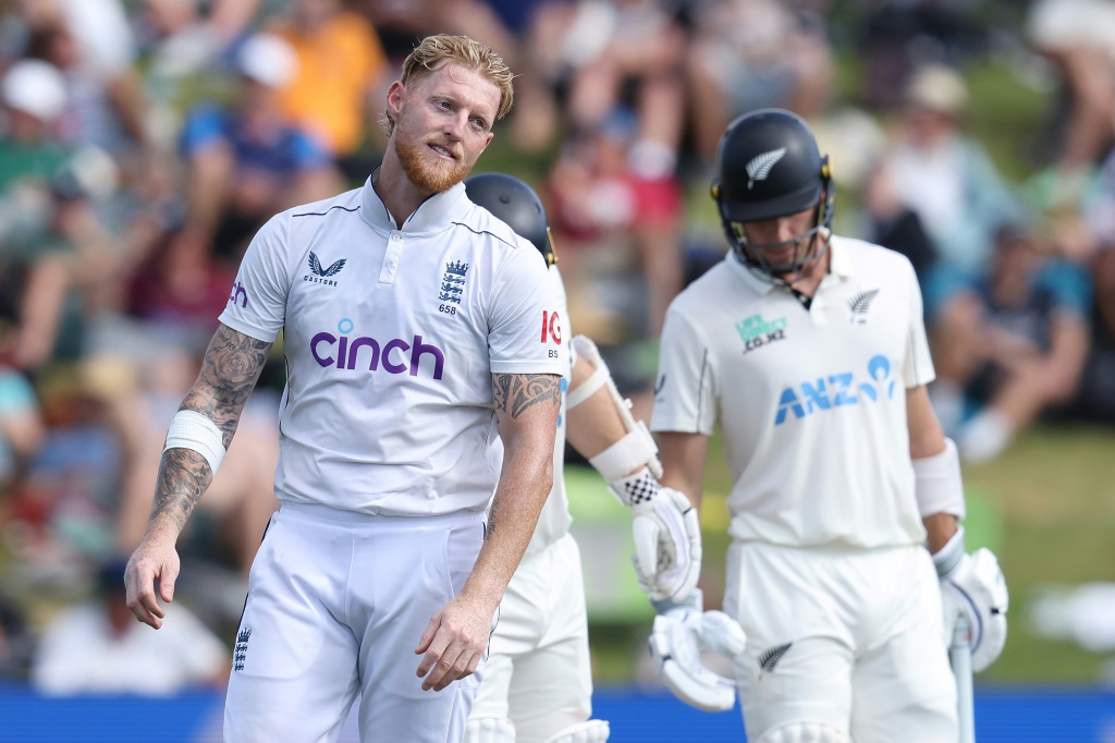 England’s Ben Stokes reacts after bowling on day two of the third cricket Test match match between New Zealand and England