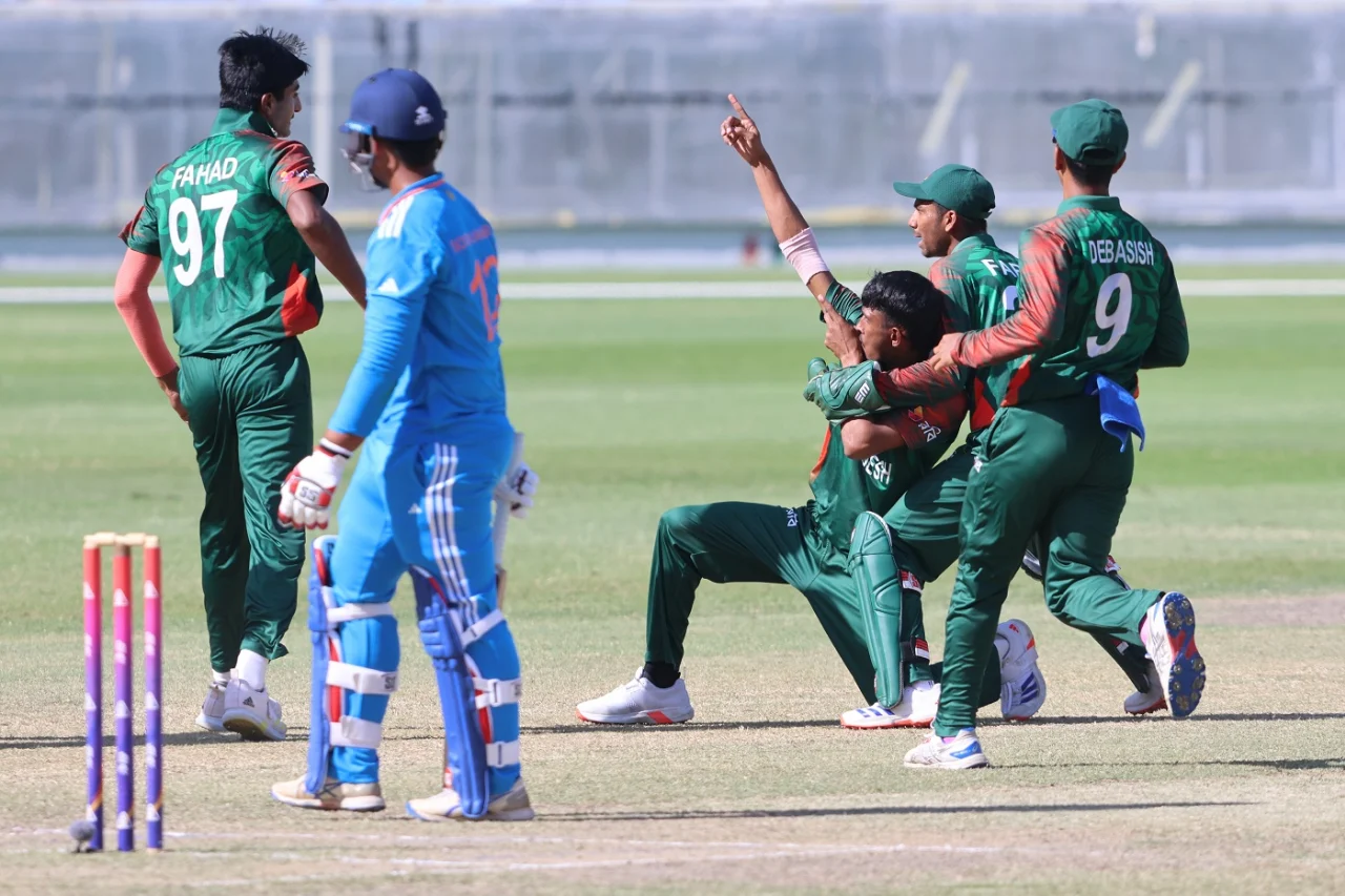 Bangladesh Under-19 players celebrate the wicket of Vaibhav Suryavanshi, ACC