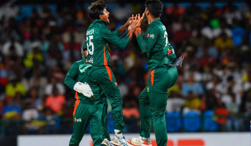 Mahedi Hasan celebrates a wicket, CWI