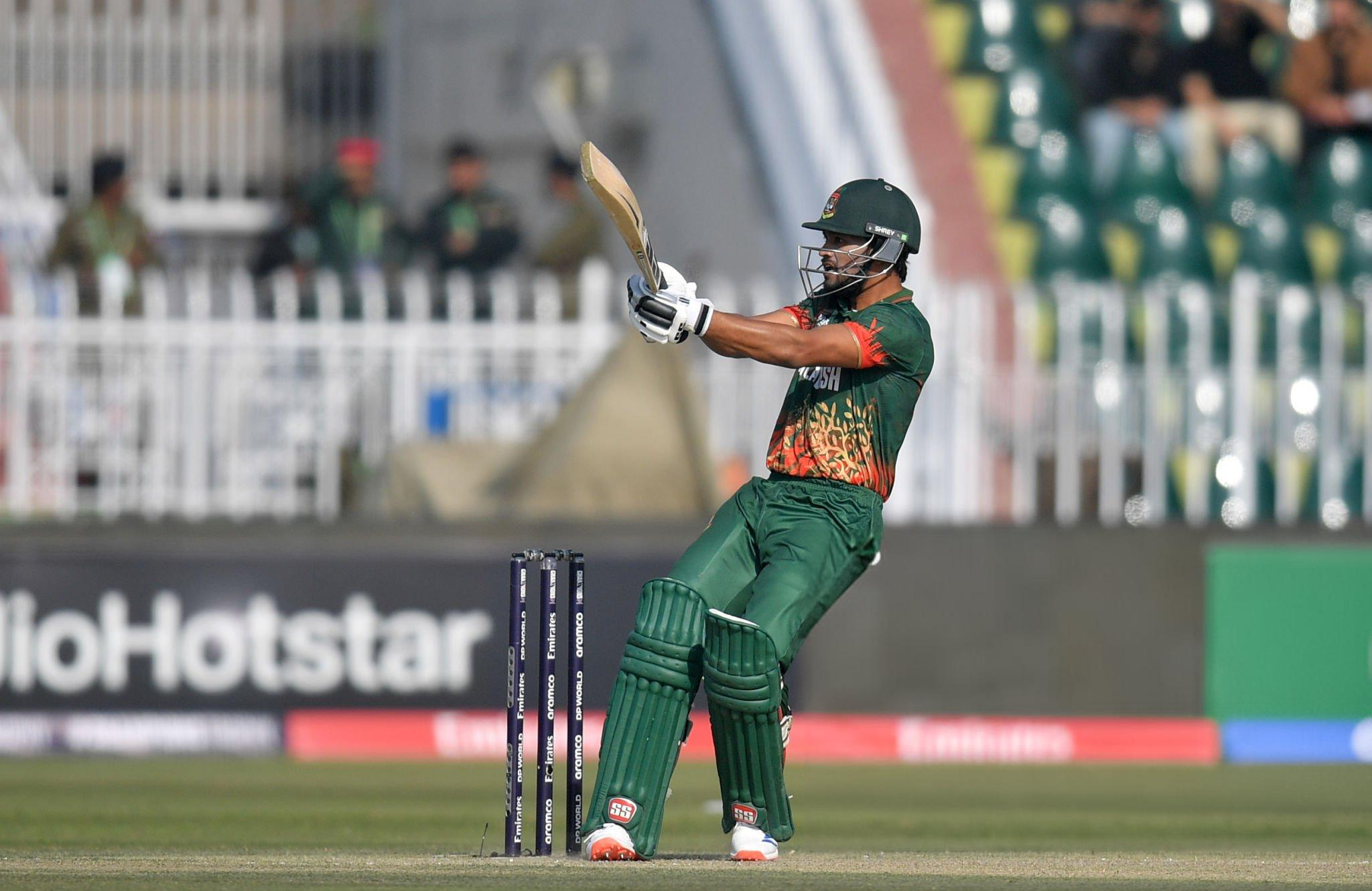 Captain Najmul Hossain Shanto hits a shot against New Zealand