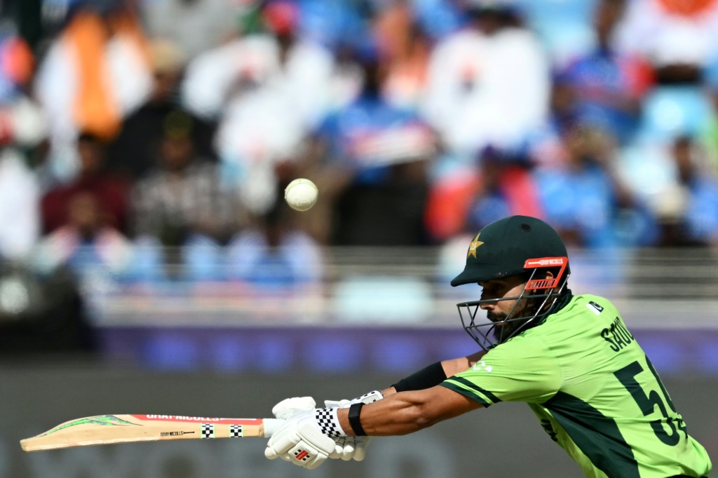 Pakistan's Saud Shakeel plays a shot against India in Dubai, AFP