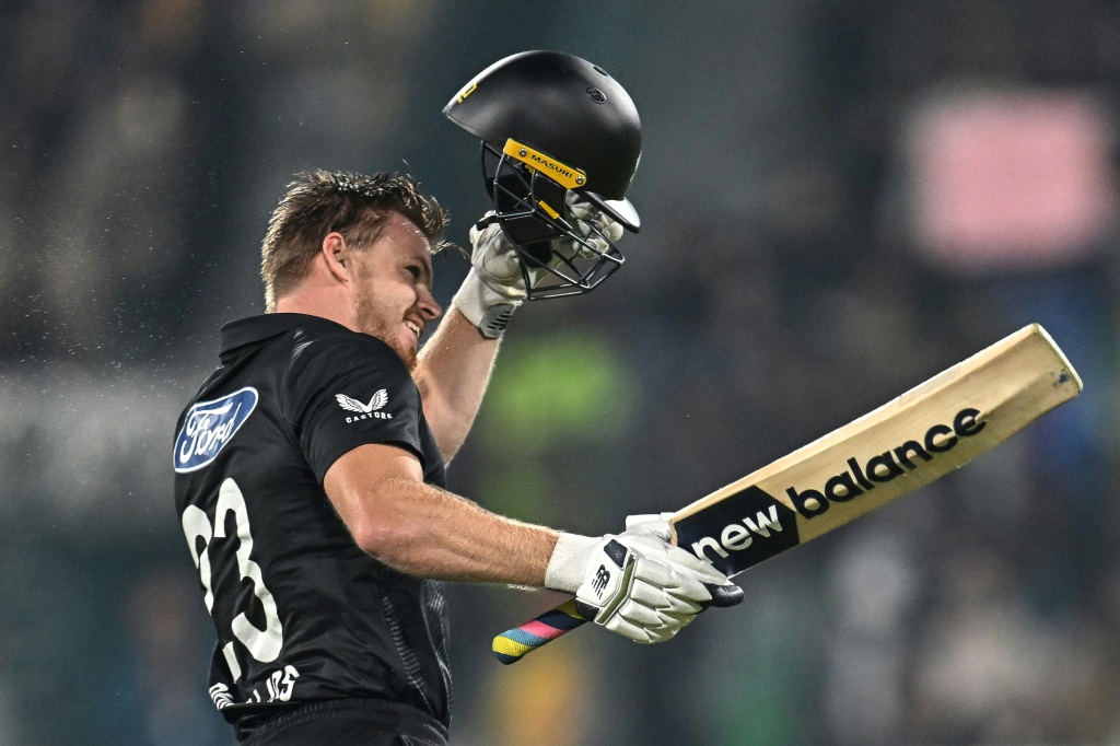 Maiden century: New Zealand's Glenn Phillips celebrates, AFP