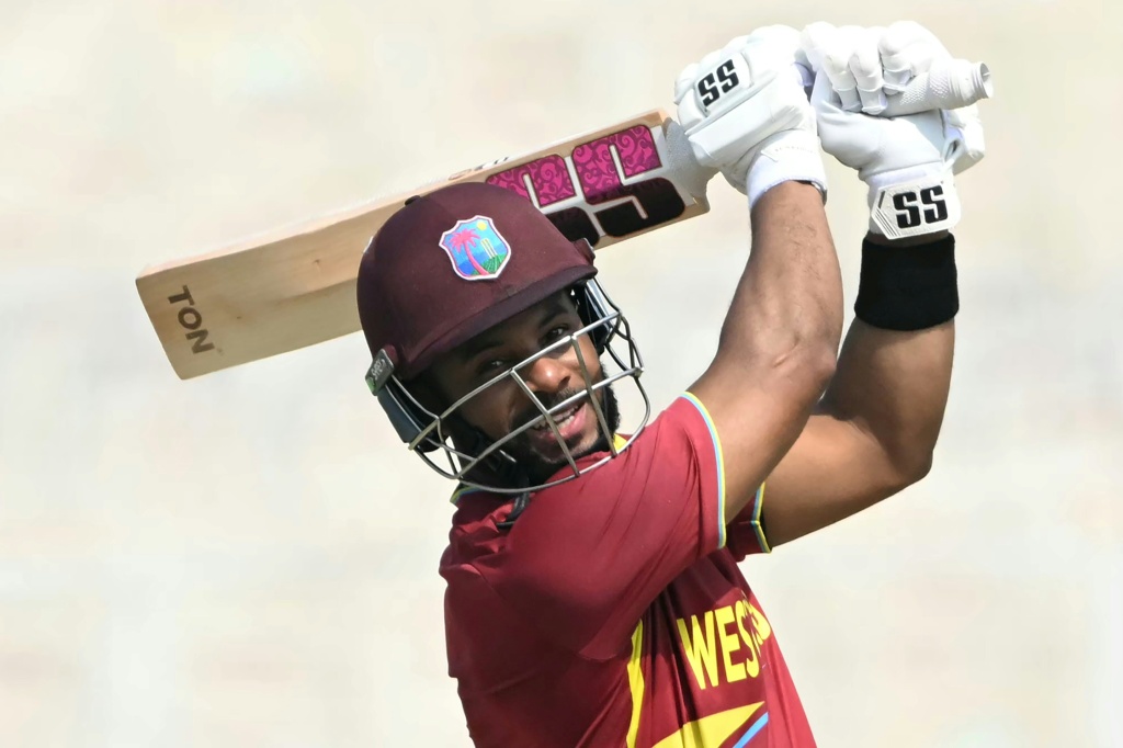 West Indies captain Shai Hope plays a shot against Italy