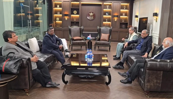 PCB chairman Mohsin Naqvi meets BCB president Aminul Islam and ICC deputy chairman Imran Khwaja at Gaddafi Stadium, Lahore