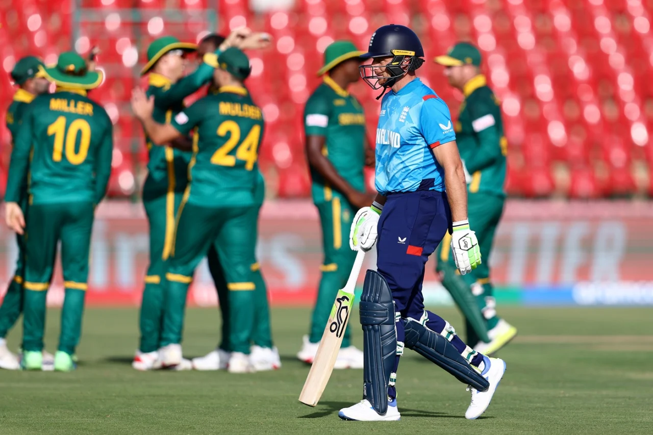 Jos Buttler walks back after a scratchy innings