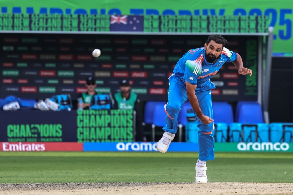 India's Mohammed Shami bowls in Dubai during the Champions Trophy