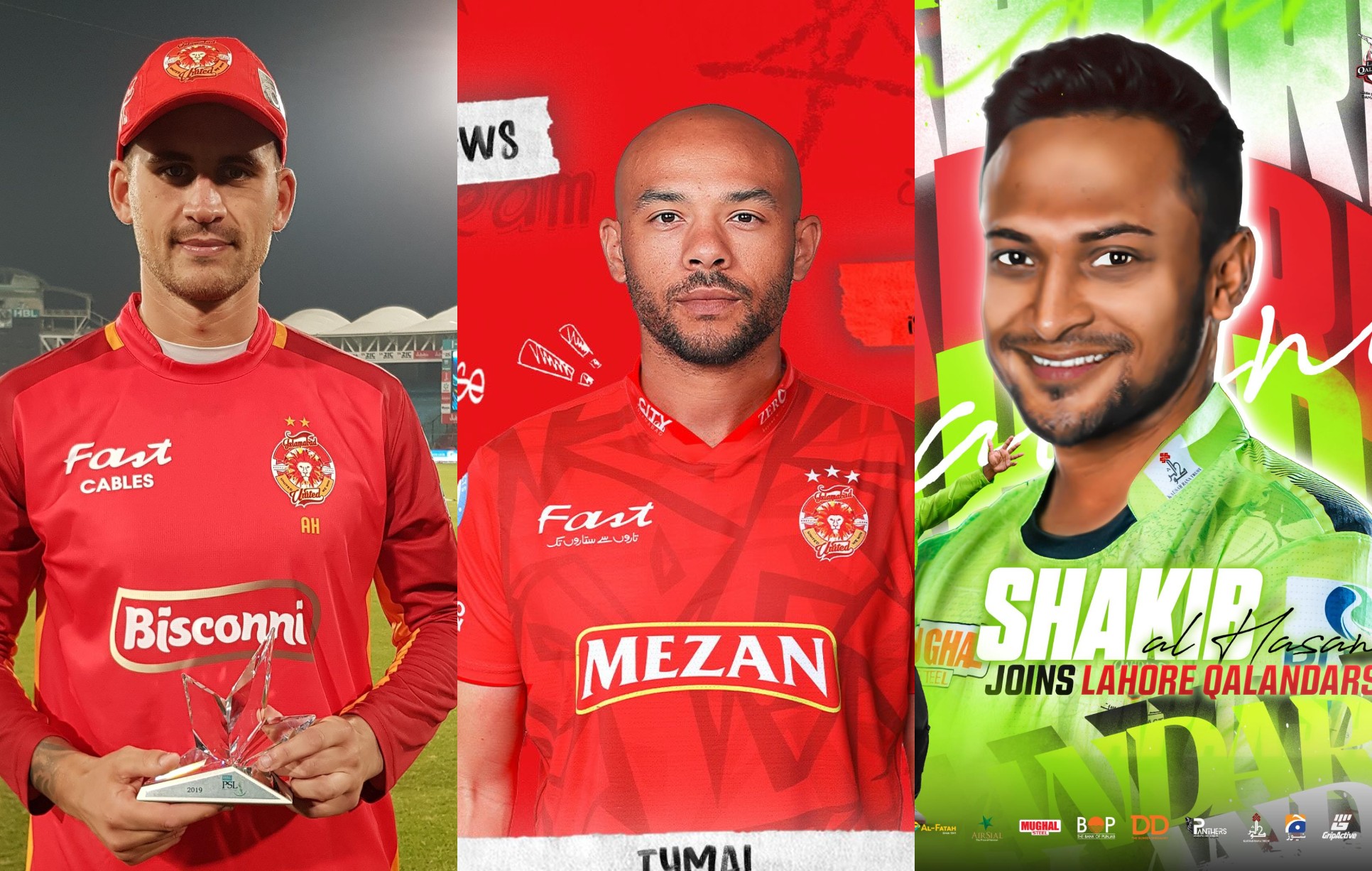 অ্যালেক্স হেলস (বামে), টাইমাল মিলস (মাঝে) ও সাকিব আল হাসান (ডানে)