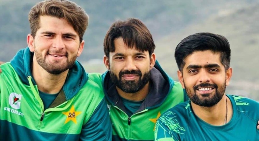 Shaheen Shah Afridi [L], Muhammad Rizwan and Babar Azam
