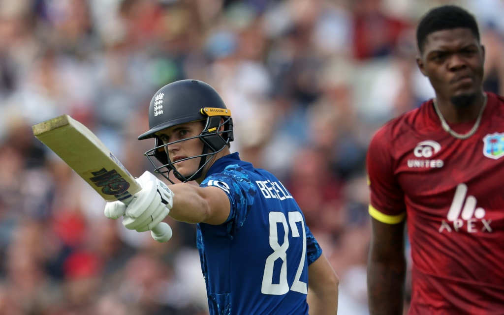 England's Jacob Bethell acknowleges his fifty during the 1st ODI against the West Indies at Edgbaston -- he went on to top-score with 82 in a 238-run win