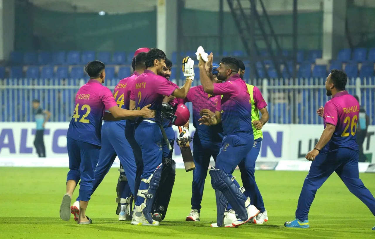 The UAE players celebrate a first ever T20I win over Bangladesh