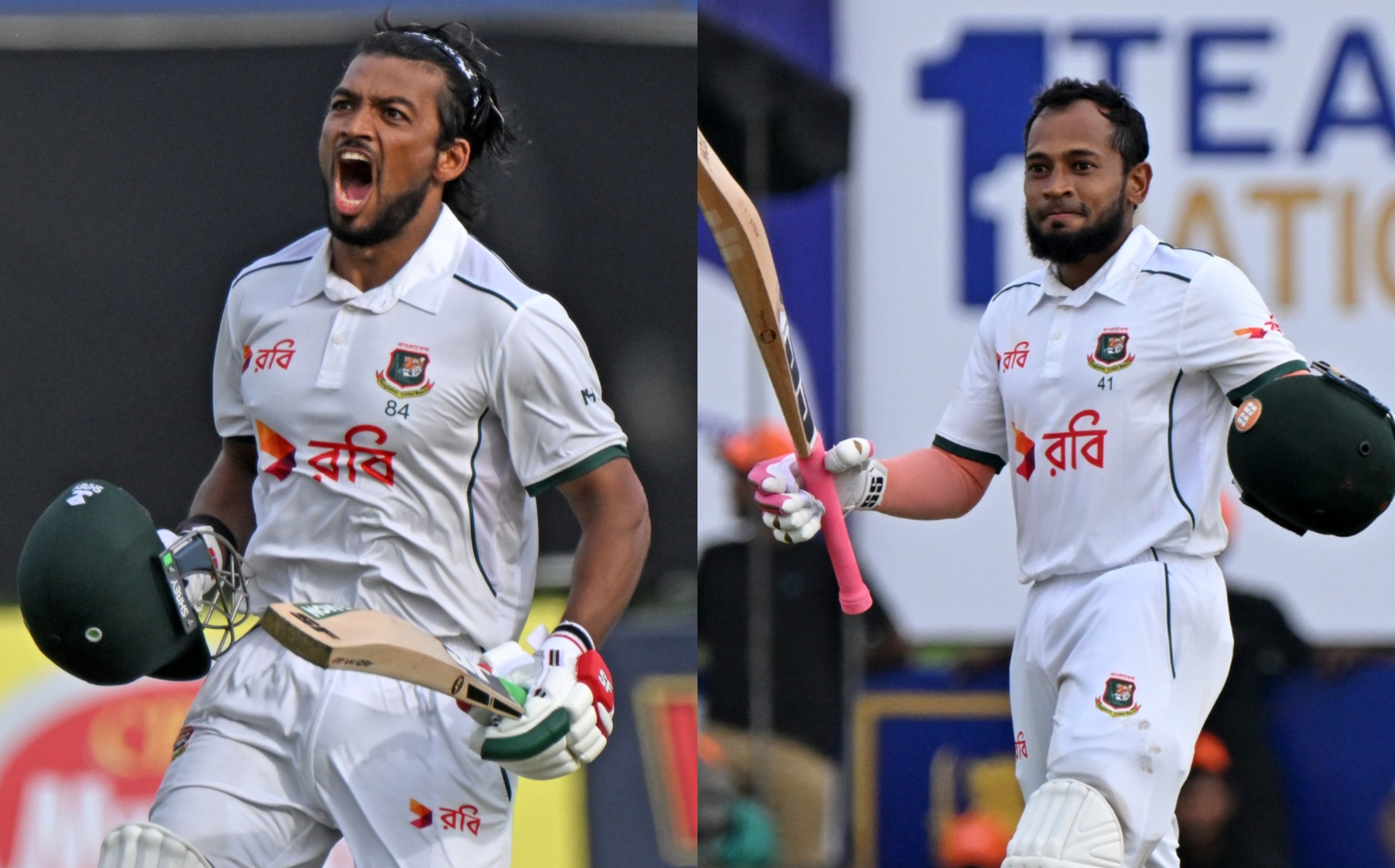 গলে প্রথম দিনেই সেঞ্চুরি পেয়েছেন নাজমুল হোসেন শান্ত (বামে) ও মুশফিকুর রহিম (ডানে), ক্রিকফ্রেঞ্জি