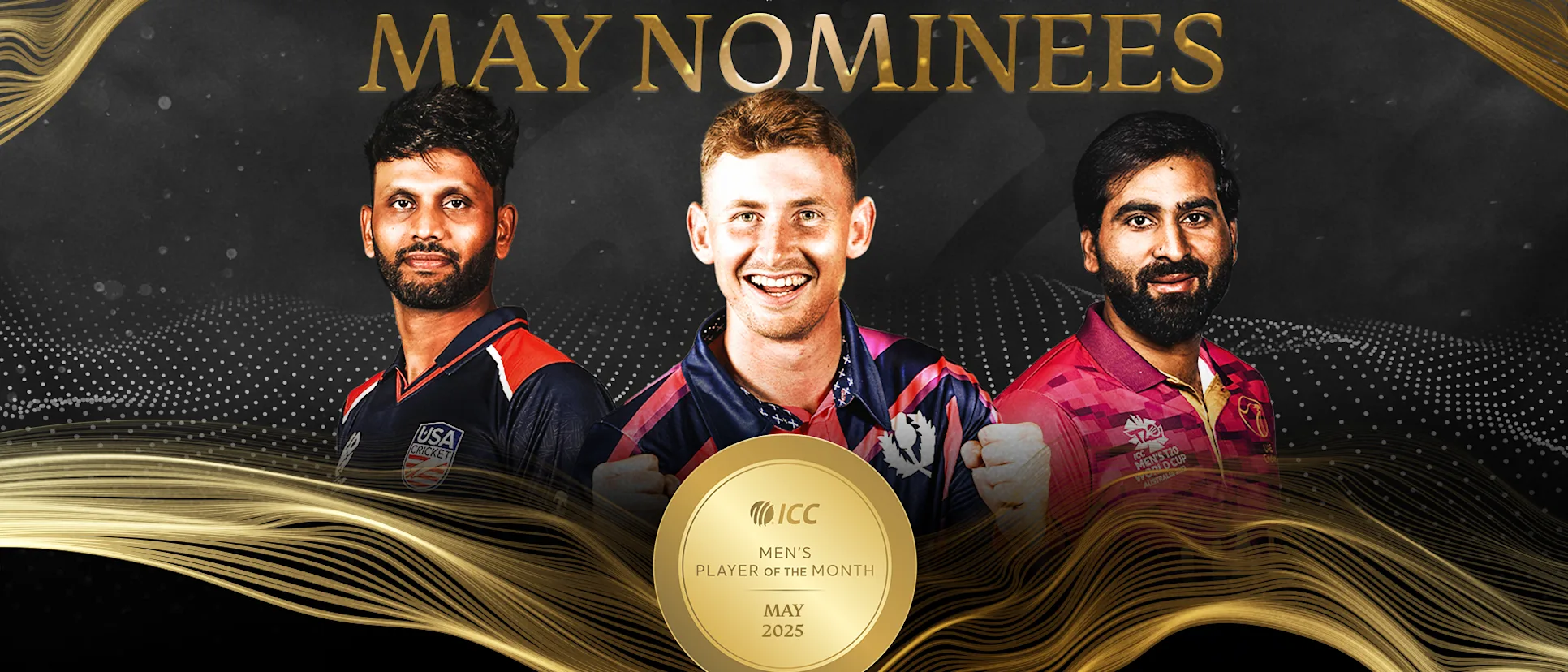 স্কটল্যান্ডের ব্র্যান্ডন ম্যাকমুলেন, যুক্তরাষ্ট্রের মিলিন্দ কুমার এবং সংযুক্ত আরব আমিরাতের মোহাম্মদ ওয়াসিম (বাম থেকে), আইসিসি