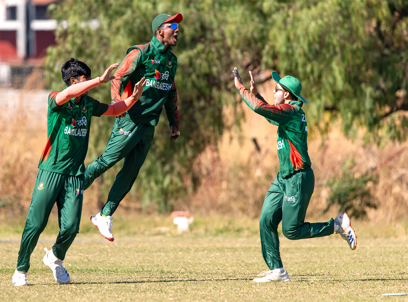 Bangladesh players celebrate a wicket, ZC