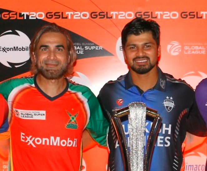 Guyana captain Imran Tahir with Rangpur skipper Nurul Hasan