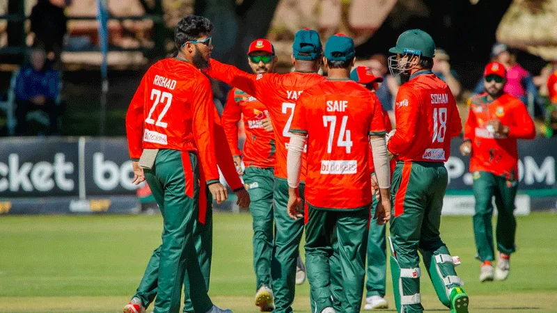 Bangladesh team celebrate a wicket