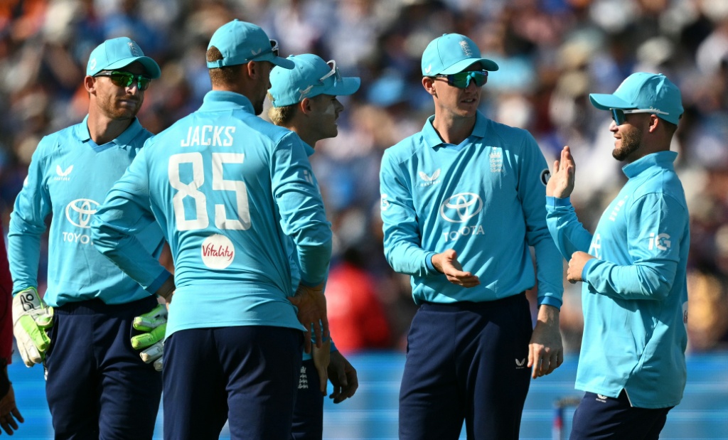 England captain Harry Brook (2R) with team-mates during the first ODI against India at Edgbaston