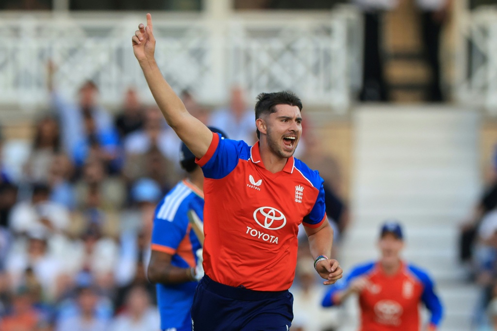 England's Josh Tongue celebrates his dismissal of Shivam Dube during a 125-run defeat of India in the third T20 at Trent Bridge