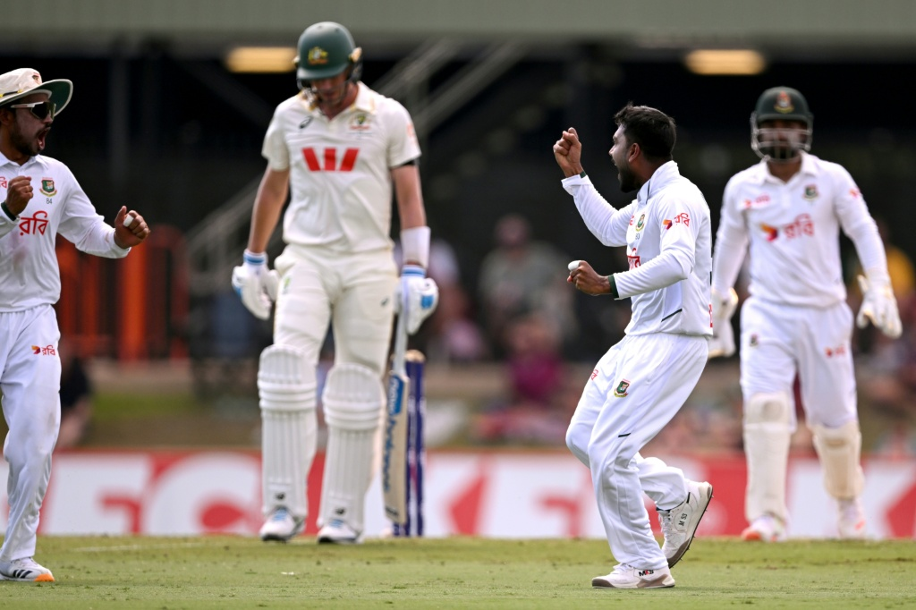 Mehidy Hasan Miraz celebrates the wicket of Beau Webster